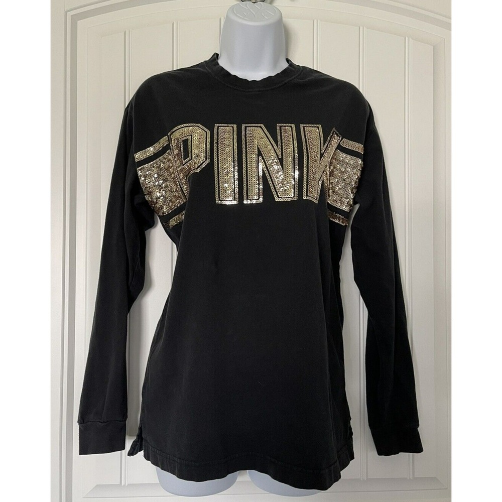Victorias Secret Pink Womens XS Black Gold Sequin Long Sleeve Shirt Runs Bigger
